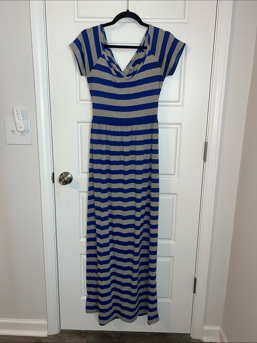 Striped Blue and Gray V-Neck Maxi Dress